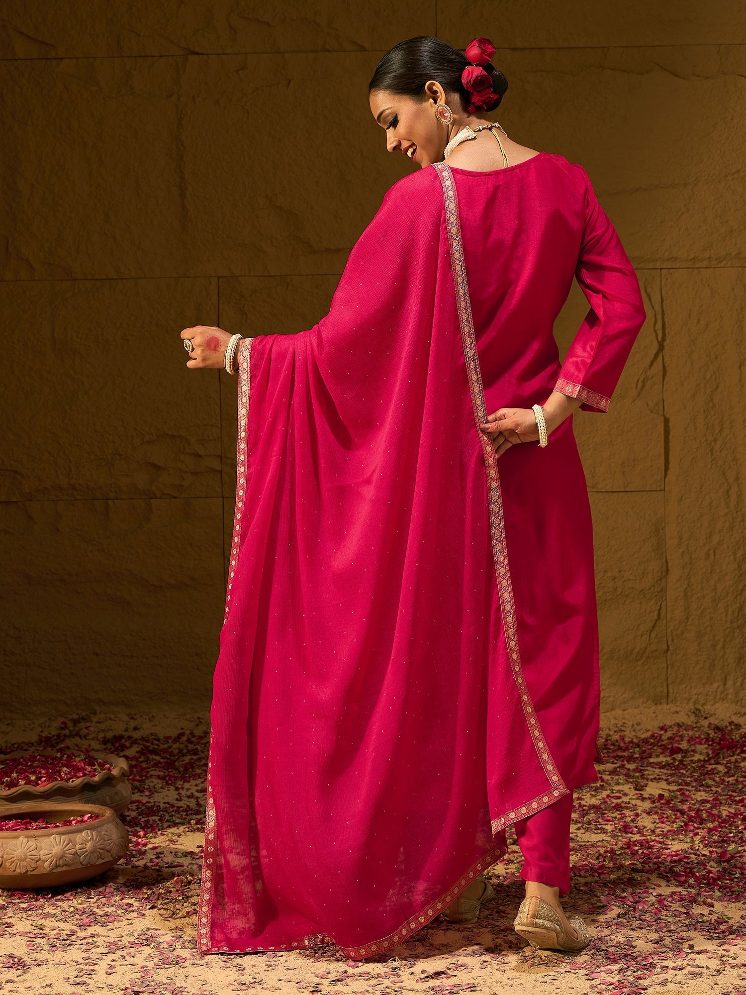 Indo Era Magenta Embroidered Straight Kurta Trousers With Dupatta set | Grocsy
