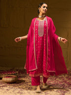Indo Era Magenta Embroidered Straight Kurta Trousers With Dupatta set | Grocsy