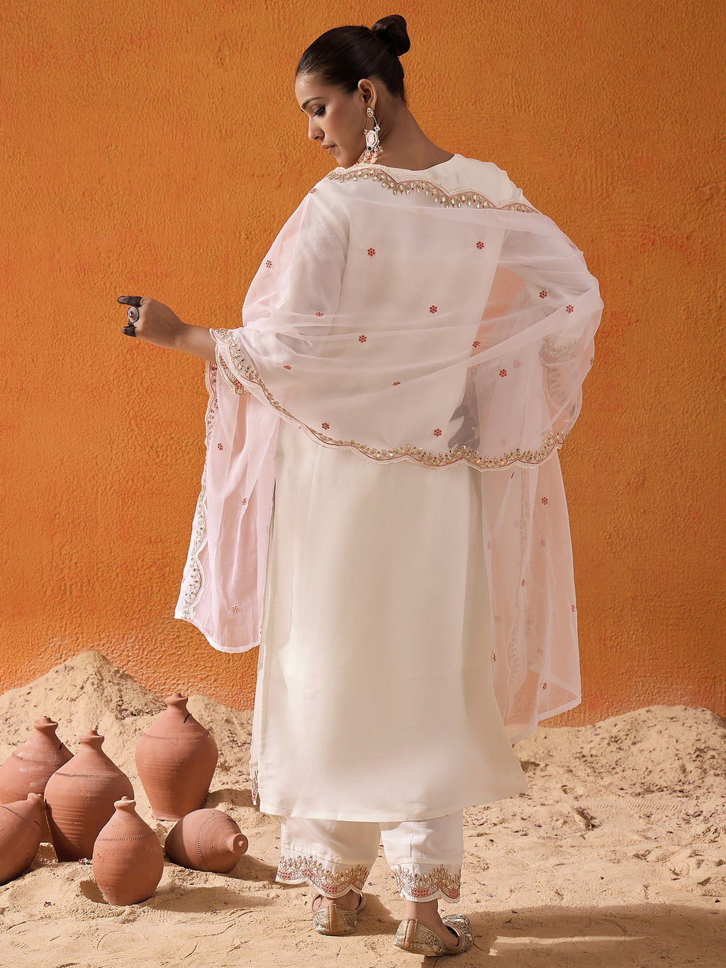 Indo Era White Embroidered Straight Kurta Trousers With Dupatta set | Grocsy