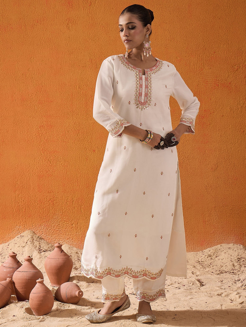 Indo Era White Embroidered Straight Kurta Trousers With Dupatta set | Grocsy