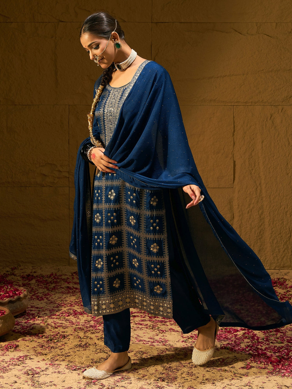 Indo Era Blue Embroidered Straight Kurta Trousers With Dupatta set | Grocsy