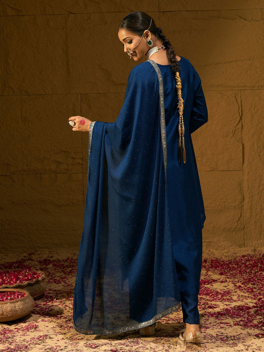 Indo Era Blue Embroidered Straight Kurta Trousers With Dupatta set | Grocsy