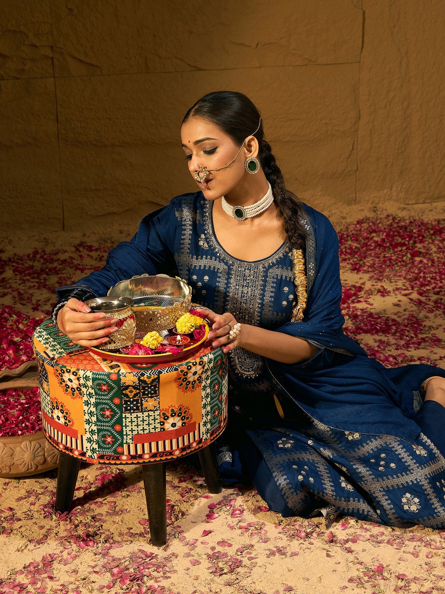Indo Era Blue Embroidered Straight Kurta Trousers With Dupatta set | Grocsy