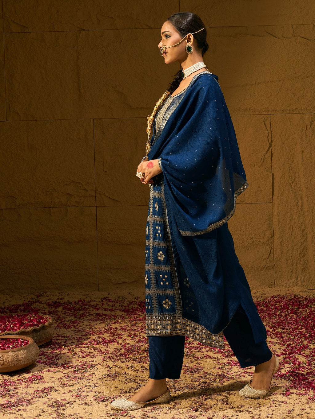 Indo Era Blue Embroidered Straight Kurta Trousers With Dupatta set | Grocsy