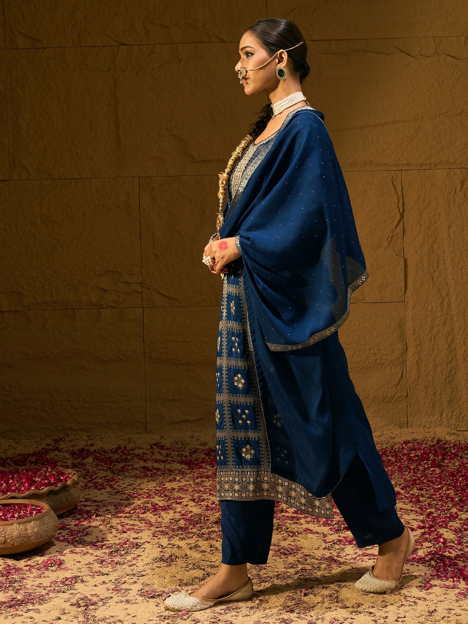 Indo Era Blue Embroidered Straight Kurta Trousers With Dupatta set | Grocsy