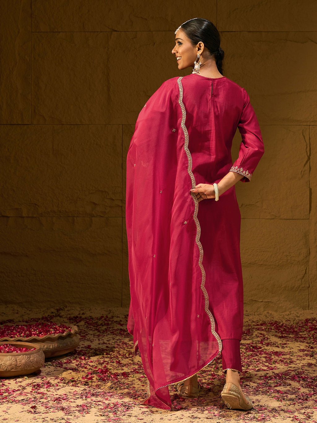 Indo Era Red Embroidered Straight Kurta Trousers With Dupatta Set | Grocsy