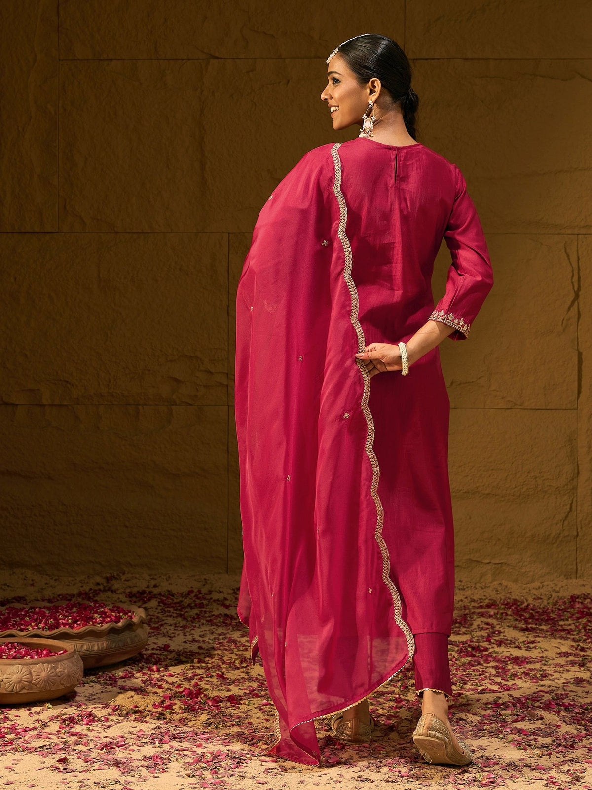 Indo Era Red Embroidered Straight Kurta Trousers With Dupatta Set | Grocsy