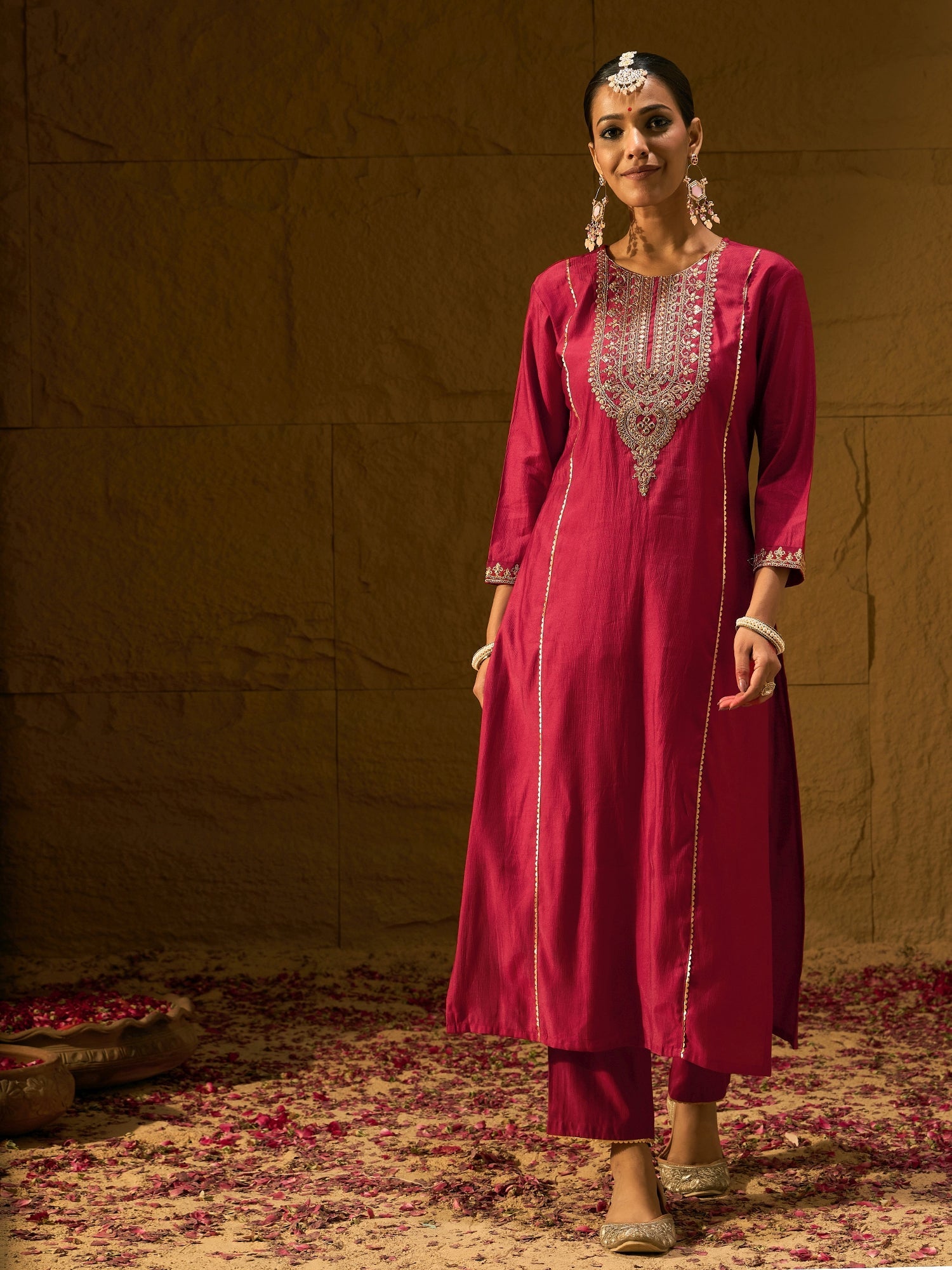 Indo Era Red Embroidered Straight Kurta Trousers With Dupatta Set | Grocsy