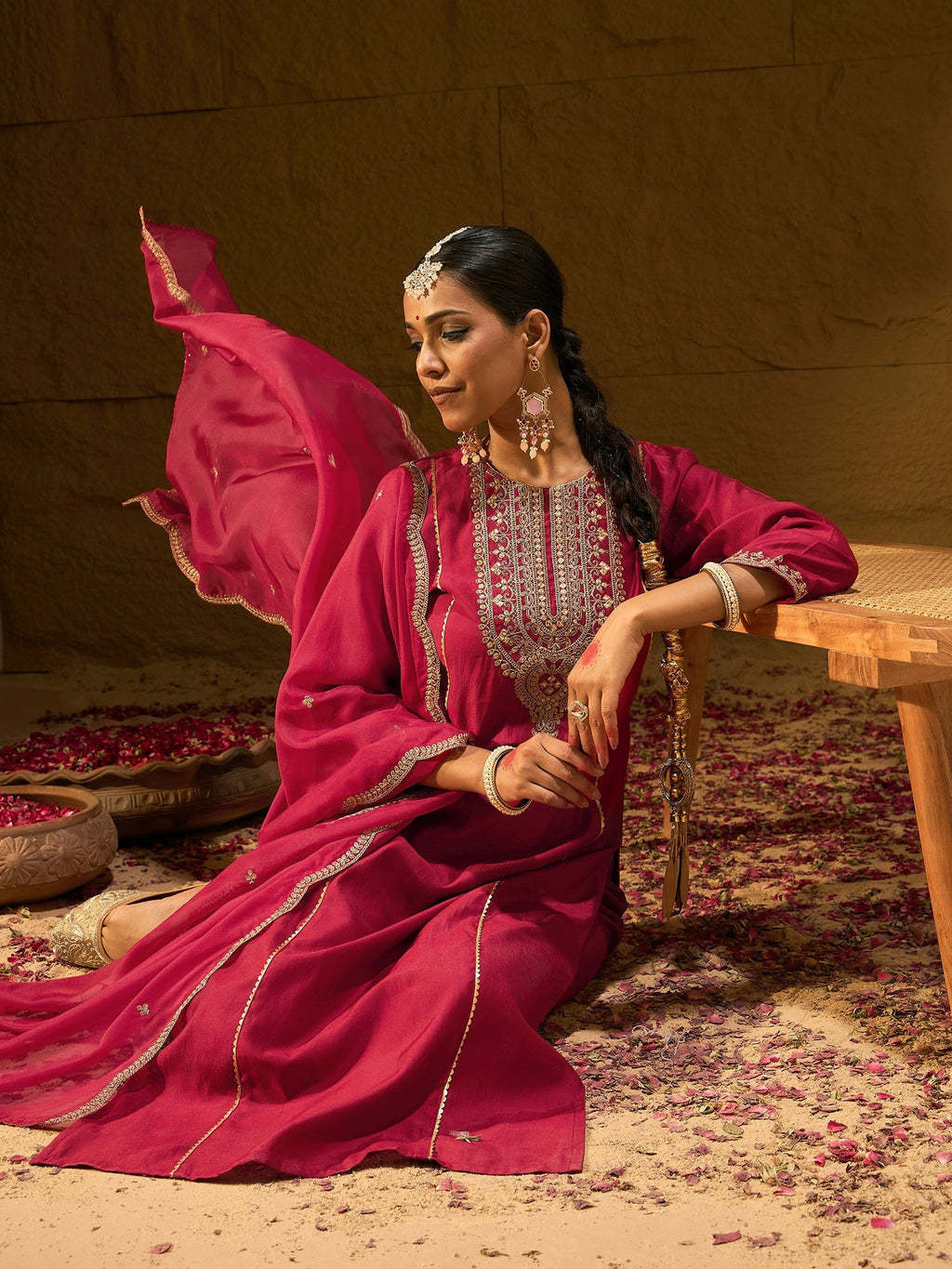 Indo Era Red Embroidered Straight Kurta Trousers With Dupatta Set | Grocsy
