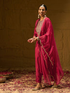 Indo Era Red Embroidered Straight Kurta Trousers With Dupatta Set | Grocsy