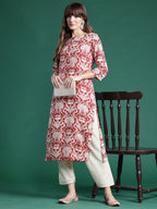 Indo Era Red Printed Straight Kurta | Grocsy