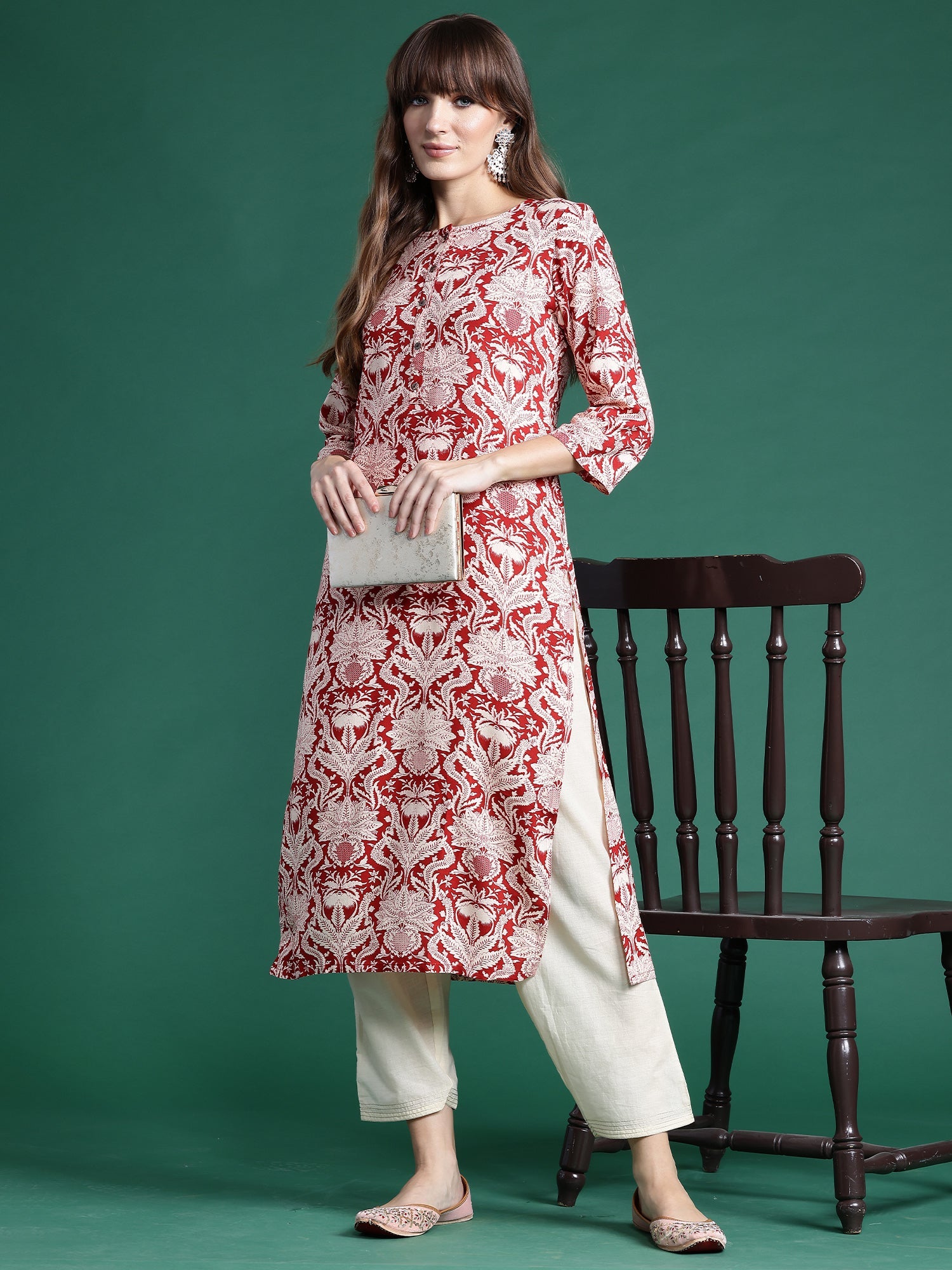 Indo Era Red Printed Straight Kurta | Grocsy