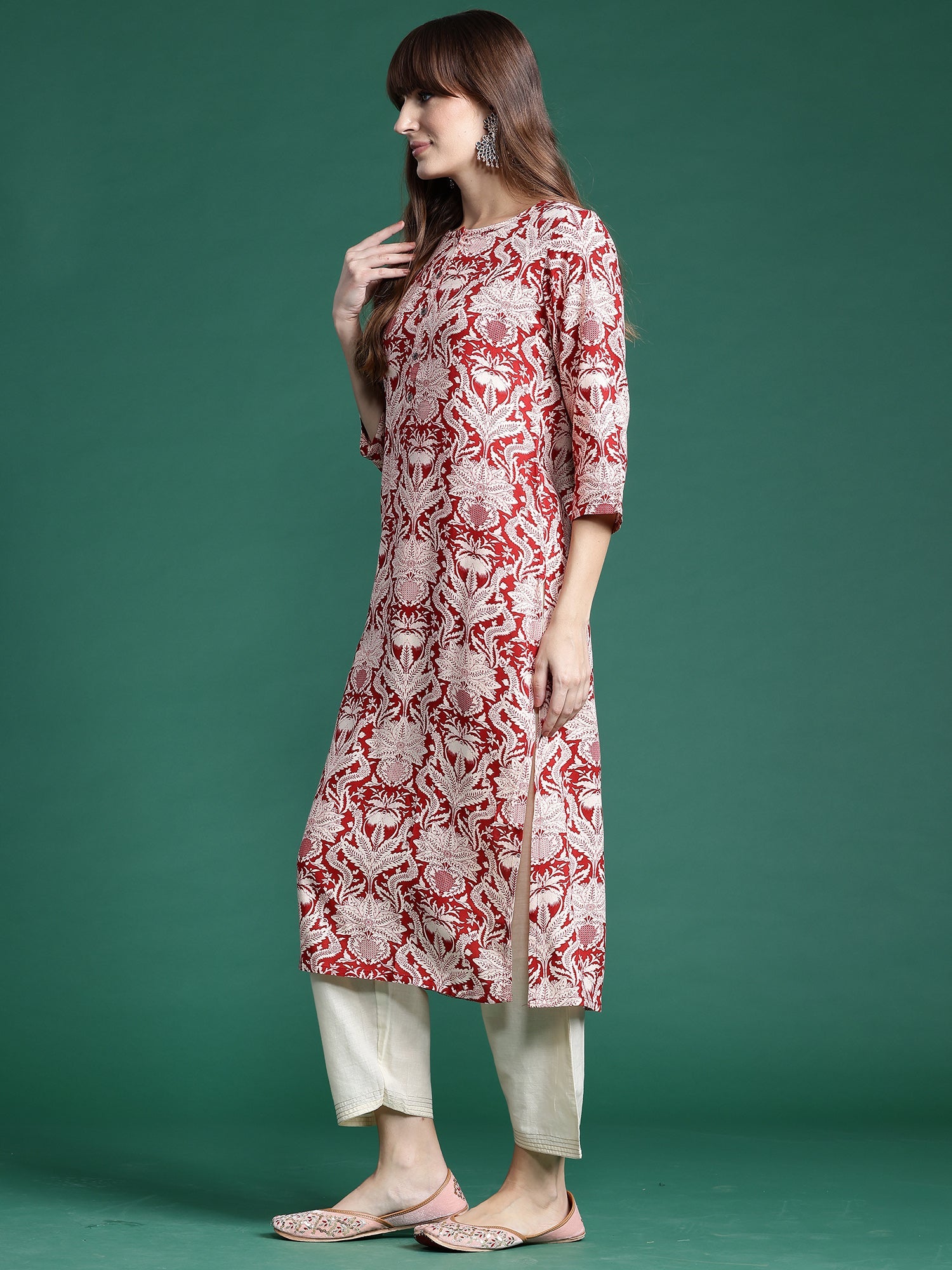 Indo Era Red Printed Straight Kurta | Grocsy