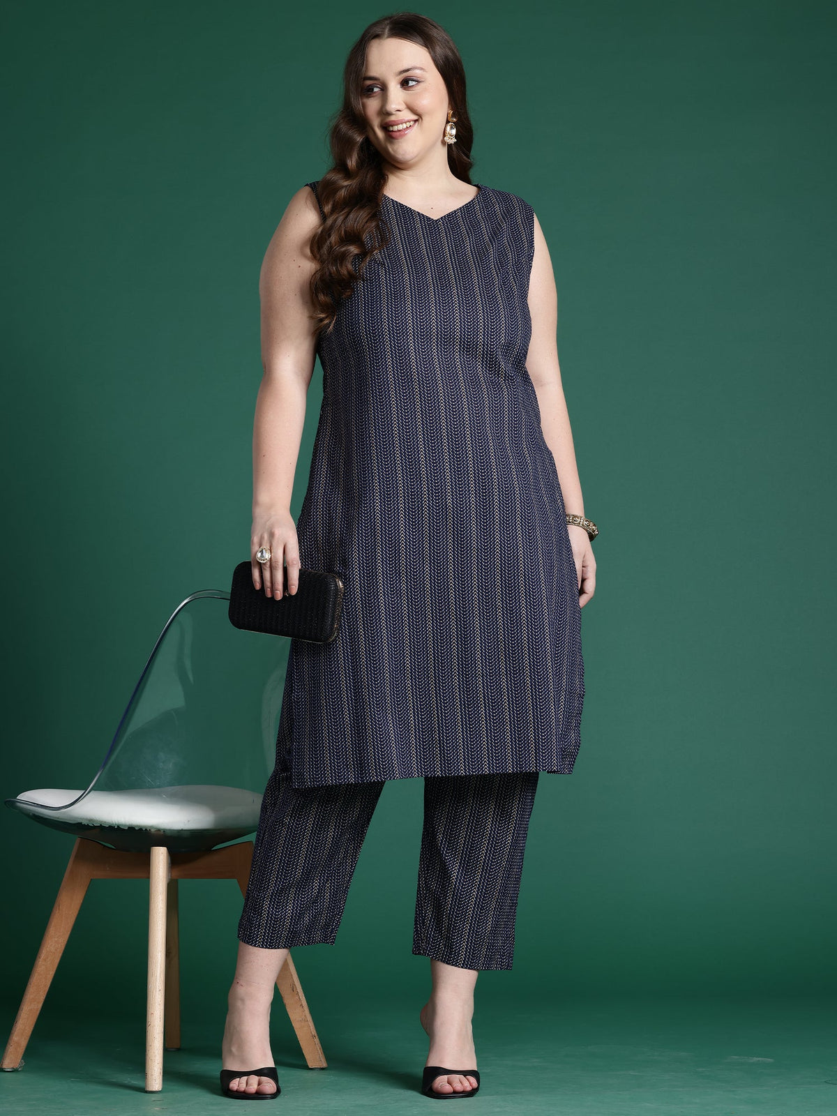 Indo Era Navy Blue Printed Straight Kurta Trousers set | Grocsy