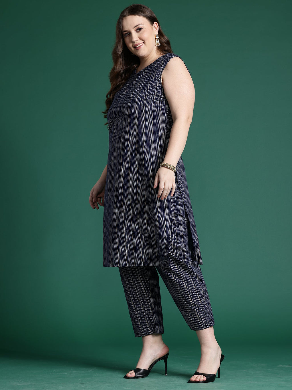Indo Era Navy Blue Printed Straight Kurta Trousers set | Grocsy