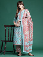 Indo Era Blue Printed Straight Kurta Trousers With Dupatta set | Grocsy