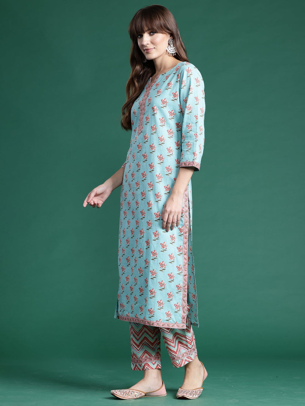 Indo Era Blue Printed Straight Kurta Trousers With Dupatta set | Grocsy