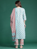 Indo Era Blue Printed Straight Kurta Trousers With Dupatta set | Grocsy