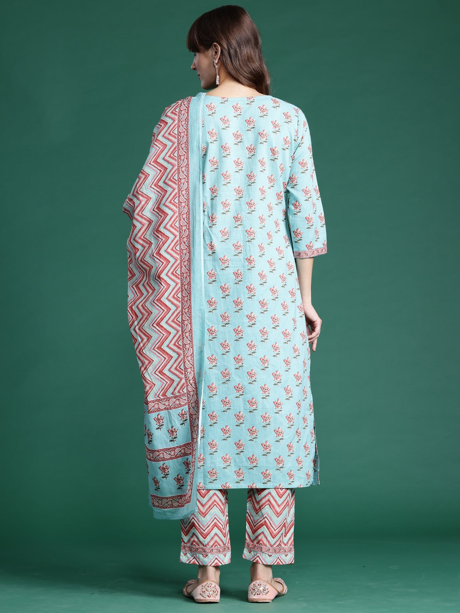 Indo Era Blue Printed Straight Kurta Trousers With Dupatta set | Grocsy