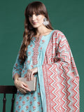 Indo Era Blue Printed Straight Kurta Trousers With Dupatta set | Grocsy