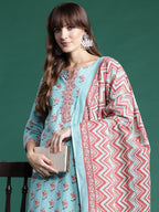 Indo Era Blue Printed Straight Kurta Trousers With Dupatta set | Grocsy