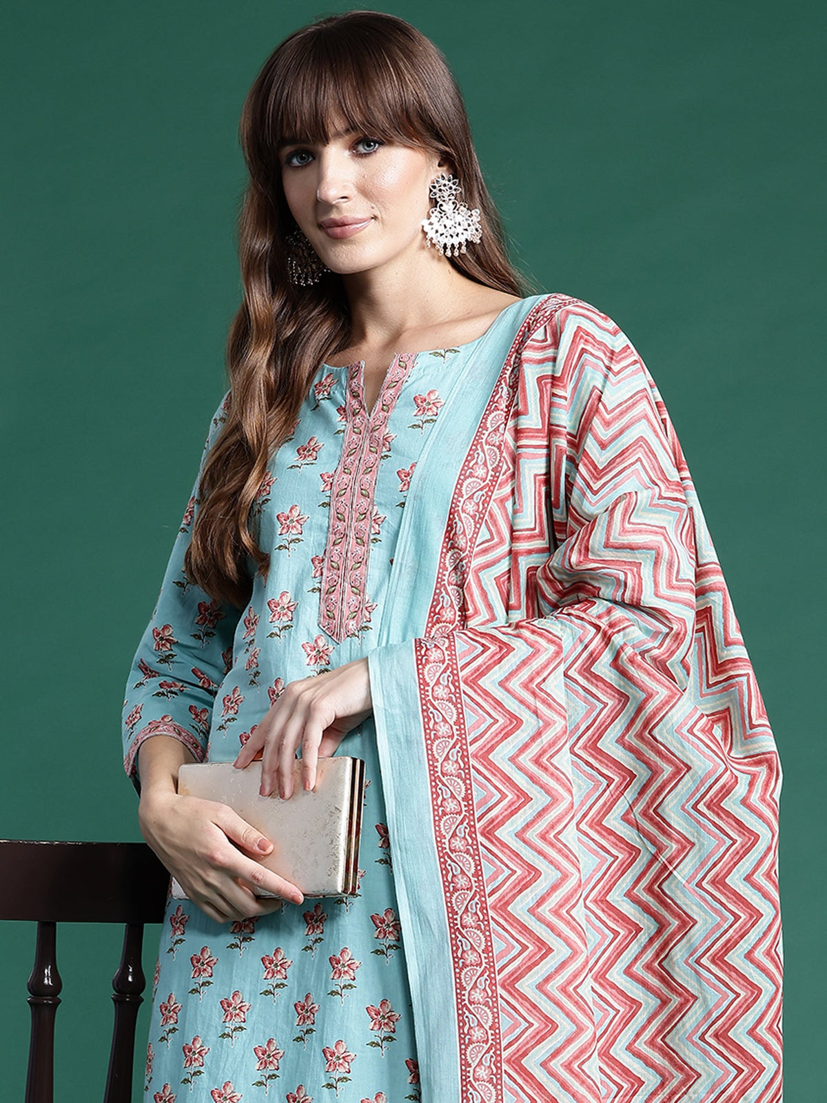 Indo Era Blue Printed Straight Kurta Trousers With Dupatta set | Grocsy