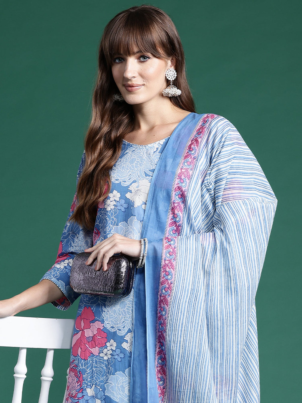 Indo Era Blue Printed Straight Kurta Trousers With Dupatta set | Grocsy