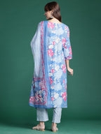 Indo Era Blue Printed Straight Kurta Trousers With Dupatta set | Grocsy