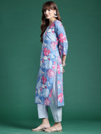 Indo Era Blue Printed Straight Kurta Trousers With Dupatta set | Grocsy
