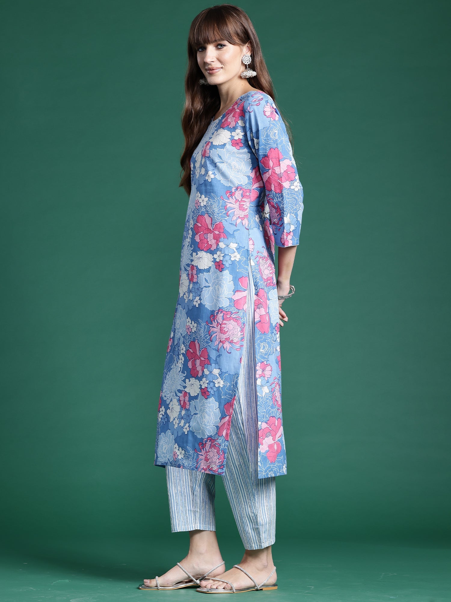 Indo Era Blue Printed Straight Kurta Trousers With Dupatta set | Grocsy