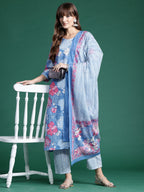 Indo Era Blue Printed Straight Kurta Trousers With Dupatta set | Grocsy