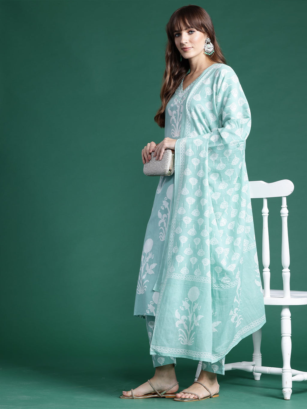 Indo Era Green Printed Straight Kurta Trousers With Dupatta set | Grocsy