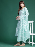 Indo Era Green Printed Straight Kurta Trousers With Dupatta set | Grocsy