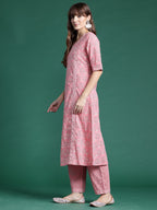 Indo Era Pink Printed A-Line Kurta Trousers With Dupatta set | Grocsy
