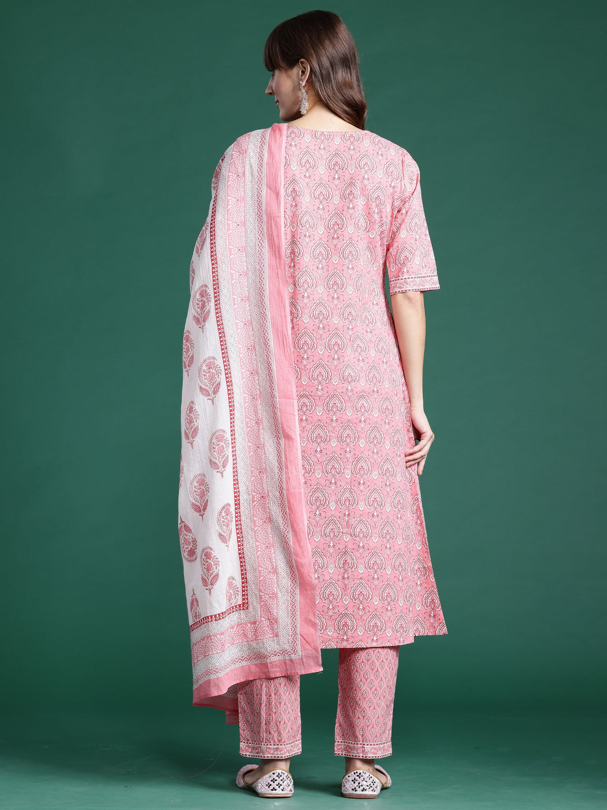 Indo Era Pink Printed A-Line Kurta Trousers With Dupatta set | Grocsy