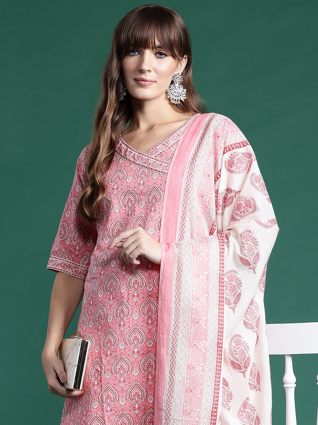 Indo Era Pink Printed A-Line Kurta Trousers With Dupatta set | Grocsy