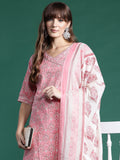Indo Era Pink Printed A-Line Kurta Trousers With Dupatta set | Grocsy