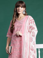 Indo Era Pink Printed A-Line Kurta Trousers With Dupatta set | Grocsy