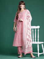 Indo Era Pink Printed A-Line Kurta Trousers With Dupatta set | Grocsy