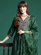 Indo Era Green Embroidered A-Line Kurta Trousers set | Grocsy