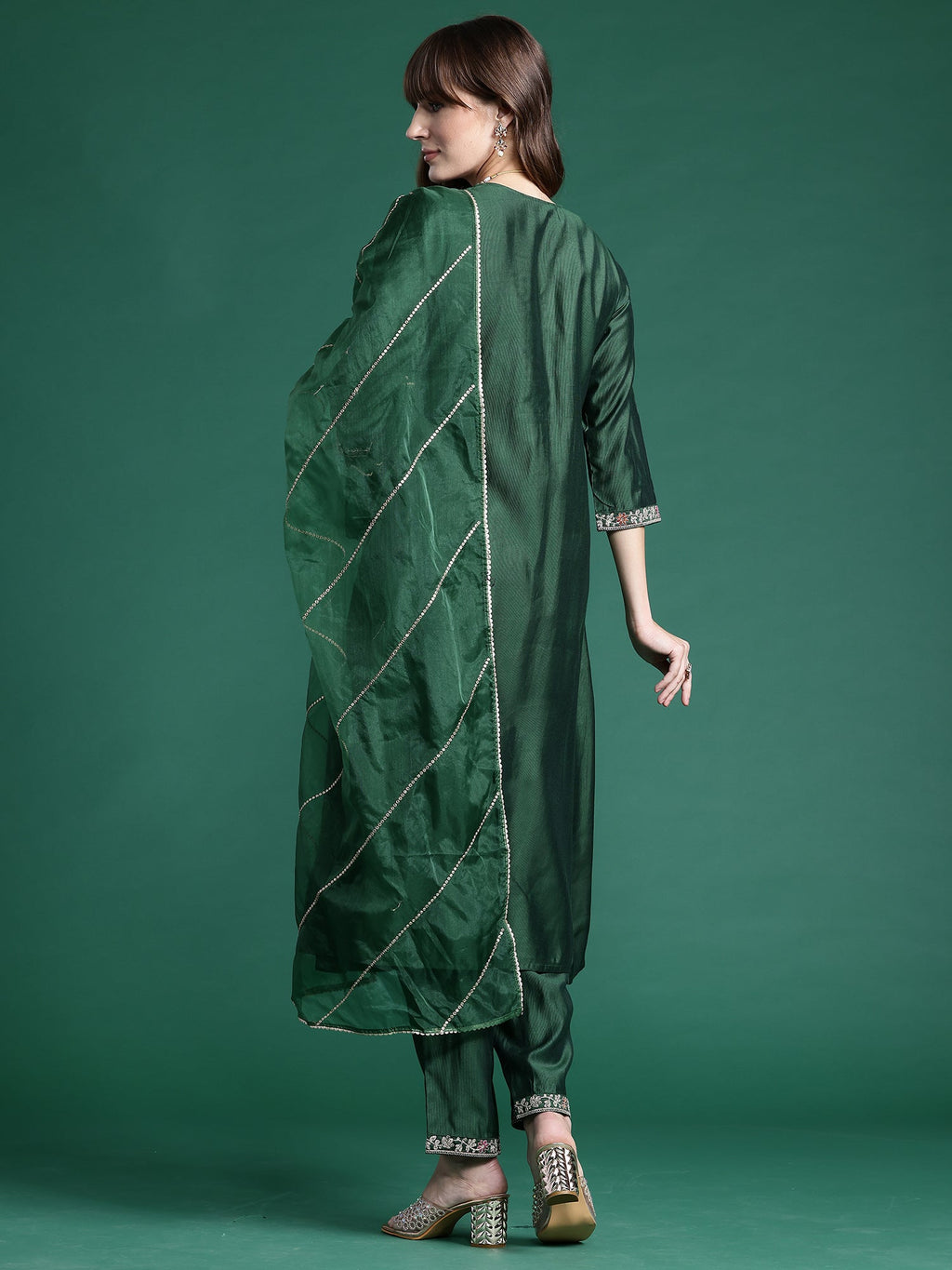Indo Era Green Embroidered A-Line Kurta Trousers set | Grocsy