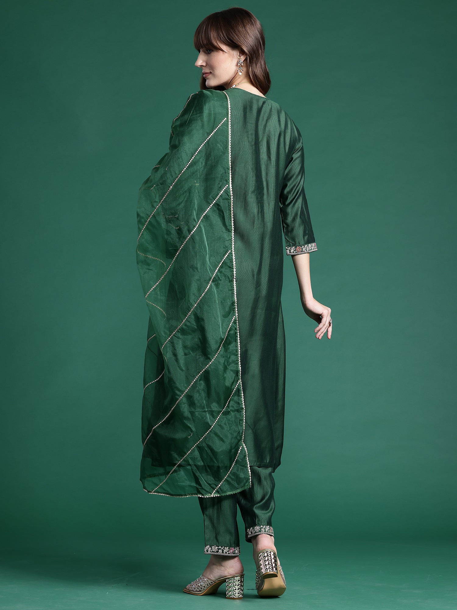Indo Era Green Embroidered A-Line Kurta Trousers set | Grocsy