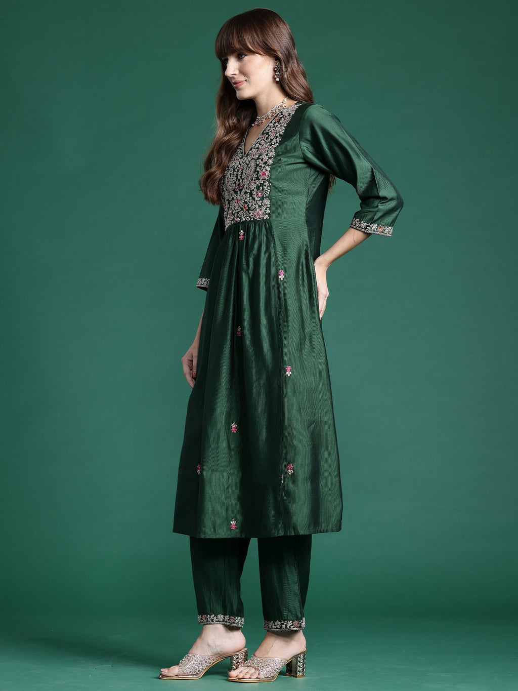 Indo Era Green Embroidered A-Line Kurta Trousers set | Grocsy
