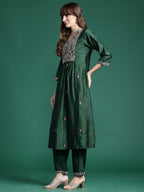 Indo Era Green Embroidered A-Line Kurta Trousers set | Grocsy