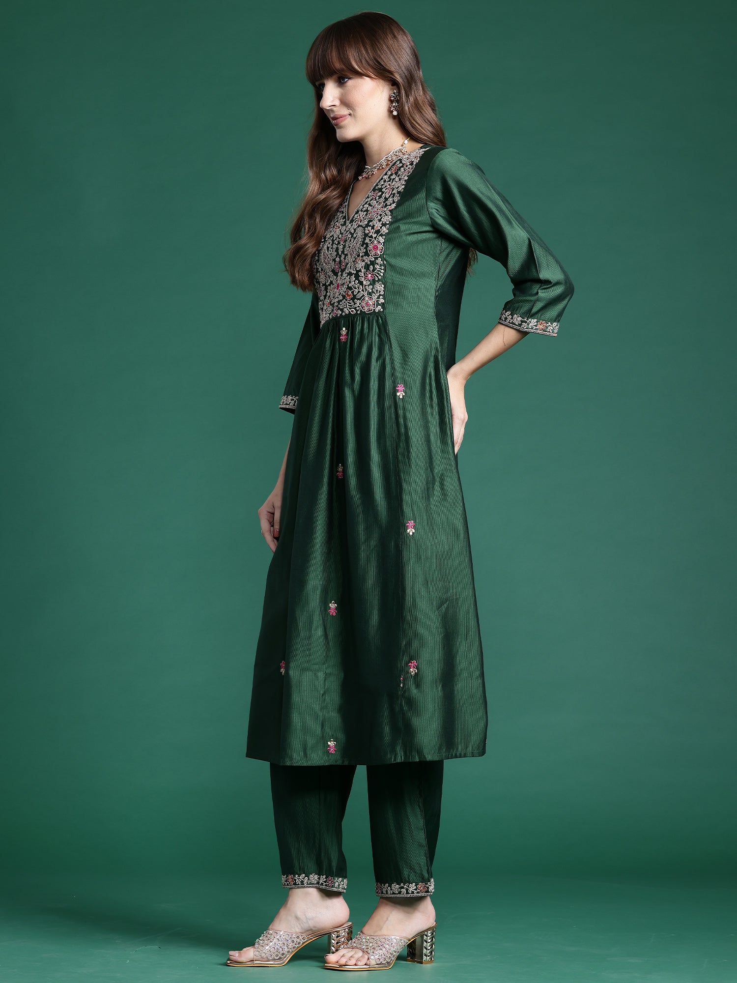 Indo Era Green Embroidered A-Line Kurta Trousers set | Grocsy