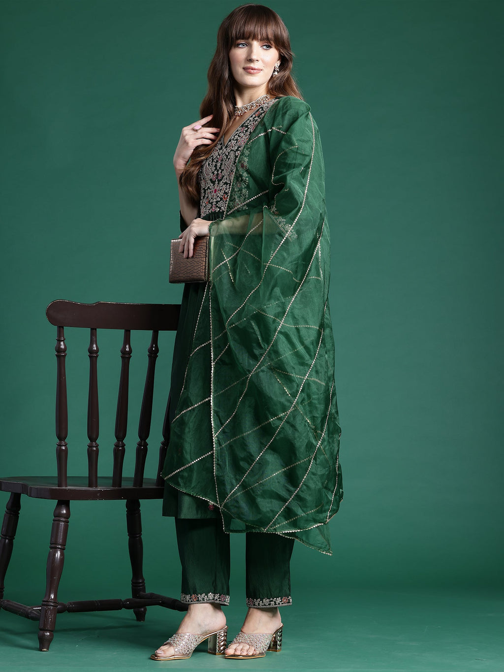 Indo Era Green Embroidered A-Line Kurta Trousers set | Grocsy