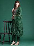 Indo Era Green Embroidered A-Line Kurta Trousers set | Grocsy