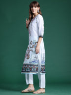 Indo Era Blue Printed Straight Kurta Trousers With Dupatta set | Grocsy