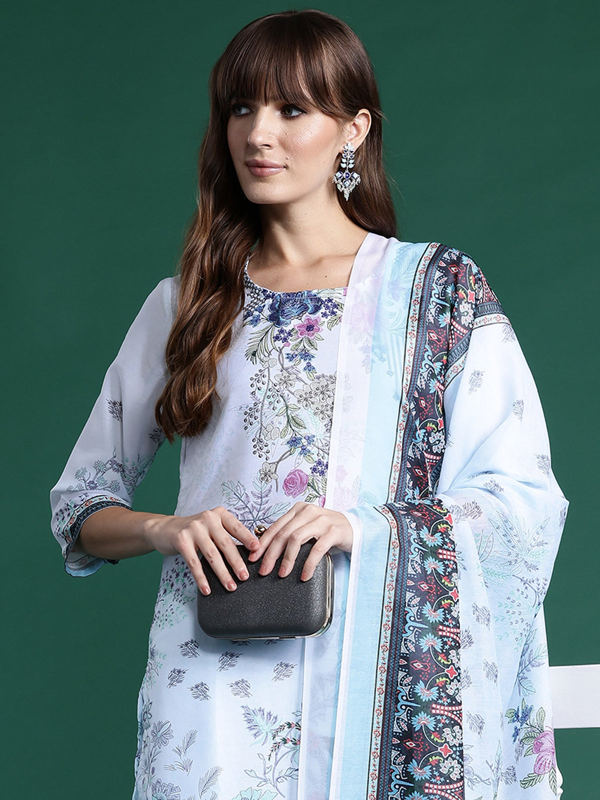 Indo Era Blue Printed Straight Kurta Trousers With Dupatta set | Grocsy
