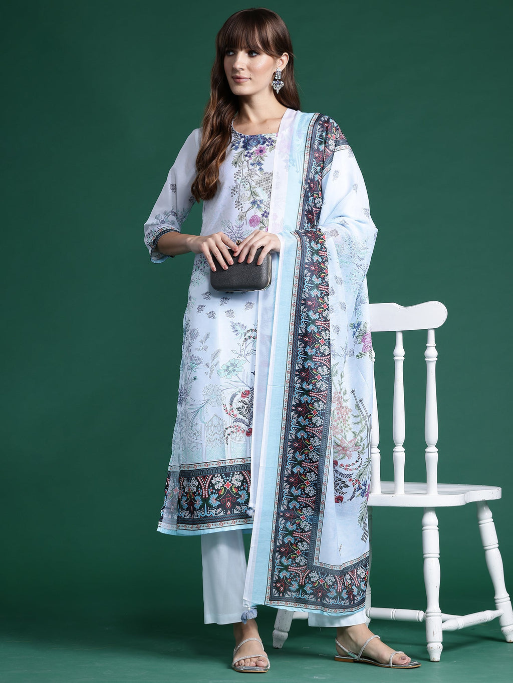 Indo Era Blue Printed Straight Kurta Trousers With Dupatta set | Grocsy